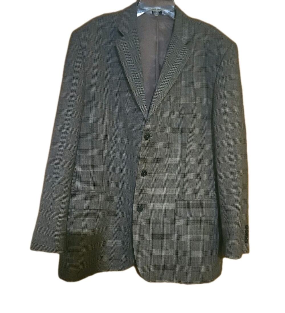 Stafford Executive Sports Coat Jacket Mens Sz 44L Blue Brown Plaid 3 Button Wool